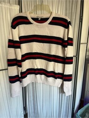 Papaya Preppy Crewneck Sweater with Navy and Red Stripes